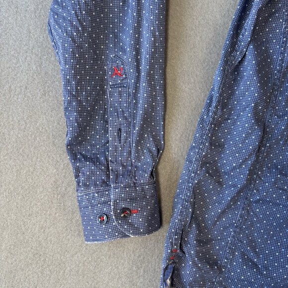 Au Noir Mens Button Up Shirt Size 4 Blue Polka Dot Flip Cuff Going Out Faded - Picture 7 of 16